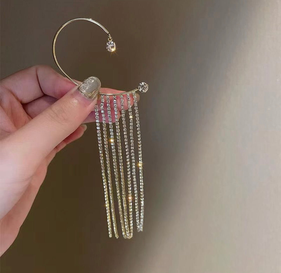 Korean Silver Studded Chain Tassels Ear Cuff (1 Piece) by Tashyam (Gold)